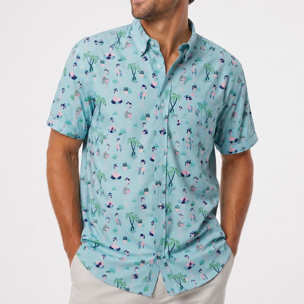 RSVLTS KUNUFLEX Flamingo Tropical Button Up Shirt Men's 2XL Blue Pink Hawaiian